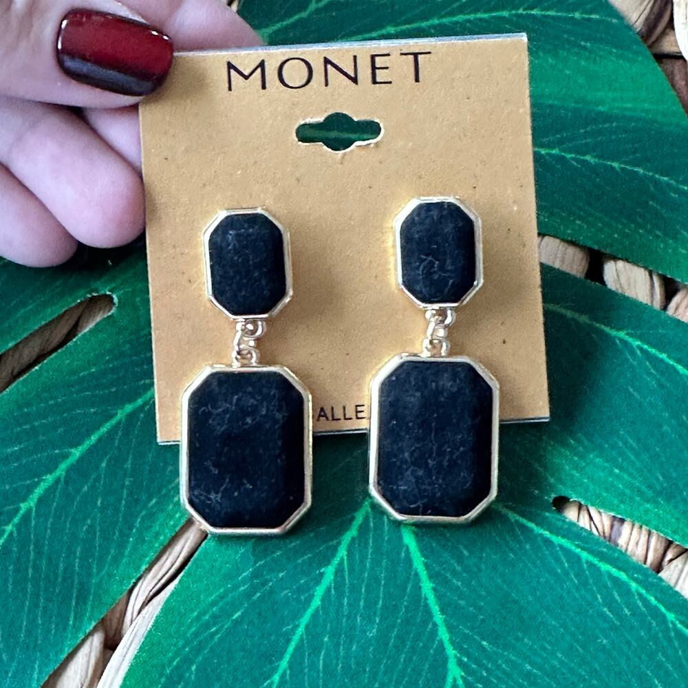 BOGO FREE MONET BLACH VELOUR Goldtone DANGLE EARRINGS